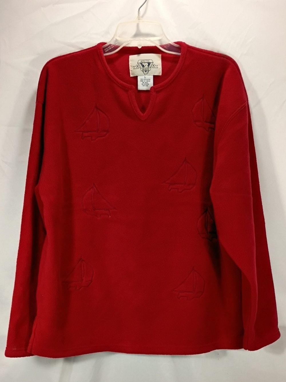 Vintage 1990s Artic Image Red V‑Neck Sweater Embroidered Sailboats Size Large